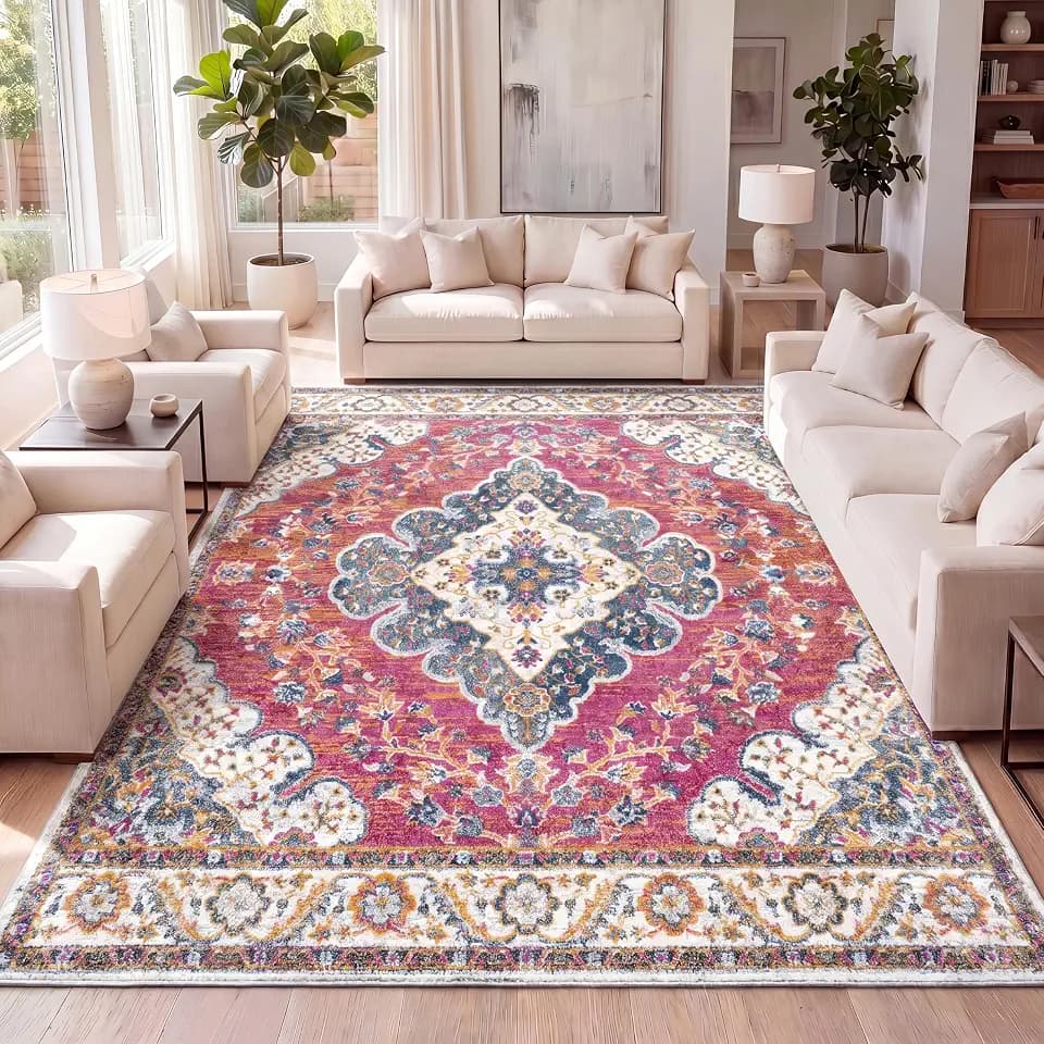 JONATHAN Y Boho Vintage Fuchsia/White Indoor Area Rug, 8x10, Bohemian Flair Medallion, Floral Easy-Cleaning High Traffic for Living Room, Bedroom, Kitchen, Pet-Friendly, Non-Shedding (BMF106C-8)