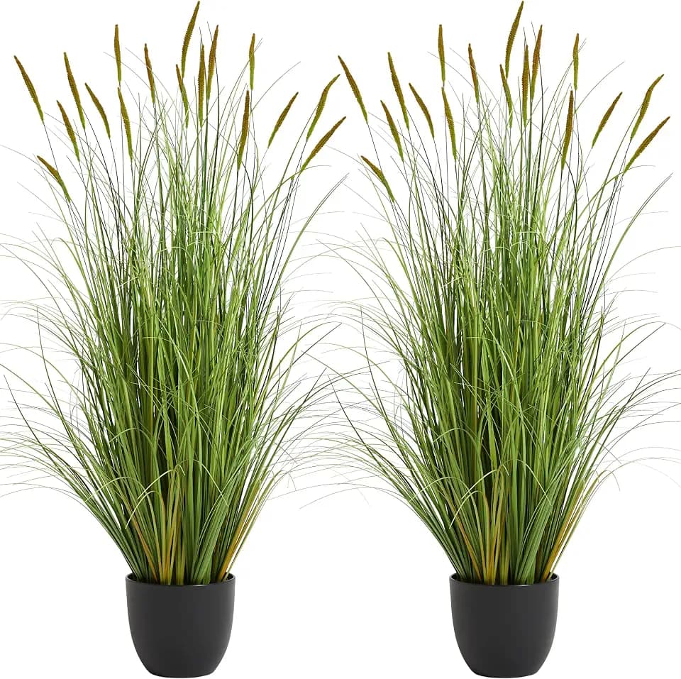 KOL 4ft 2-Pack Artificial Cattail Reed Grass, 47.2’’ Artificial Indoor Outdoor Fake Onion Grass Plant, Home Office Wedding Decorative Potted Plant Faux Greenery, Housewarming Gift, Green