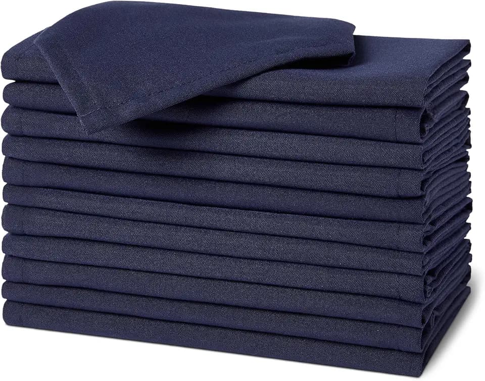 Amazon Basics Reusable Stain and Wrinkle Resistant Cloth Napkins, 100% Recycled Polyester, Machine Washable, 17 x 17 inches, Blue, 12-Pack