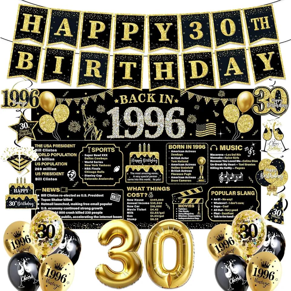 30th Birthday Decorations for Men Black Gold, 30th Birthday Party Supplies Includes Banner, Backdrop, Balloons, Hanging Swirls for 30 Year Old Birthday Party Decorations Gifts for Him