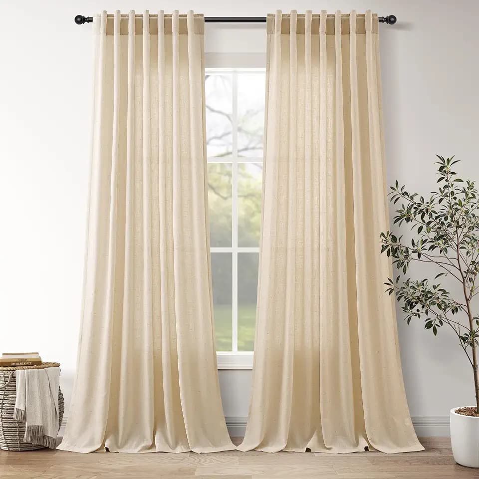 Tan Linen Curtains 96 Inches Long for Living Room Rod Back Tab Vintage Rustic Farmhouse Light Filtering Curtain Burlap Textured Linen Drapes 96 Inch Dinning Room Bedroom 52x96 8FT,2 Panels
