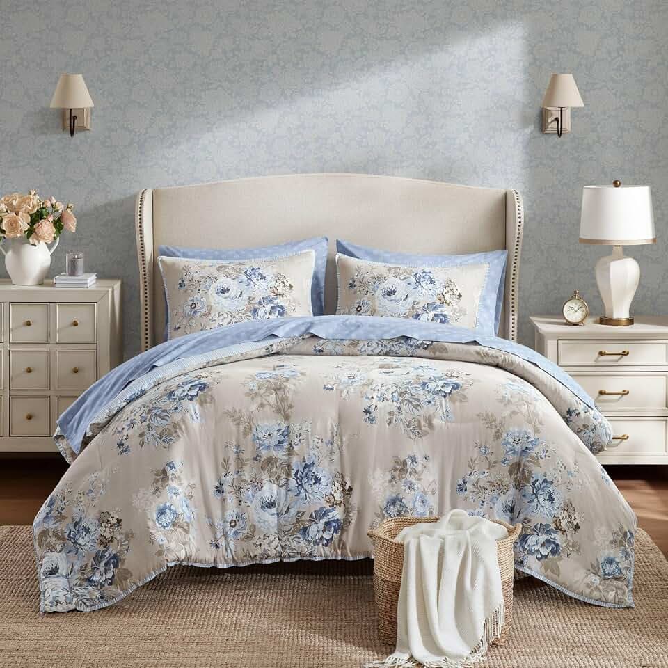 Madison Park Essentials Floral Comforter Set Queen Size, Vintage Flower Bedding Set with Sheet Set, 7 Pieces Bed in a Bag with Reversible Botanical Comforter, Pillowcases & Shams, Heather, Beige/Blue