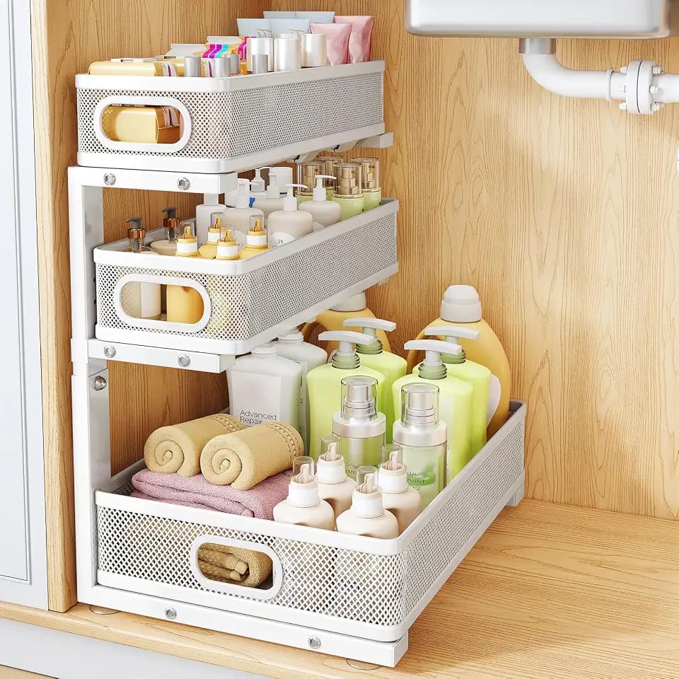 Under Sink Organizer, 3-Tier Thickened Metal Pull out Cabinet Organizer Shelf, Height Adjustable Slide out Storage Drawer Rack for Kitchen Bathroom Pantry Laundry Home Organization, 1-Pack, White