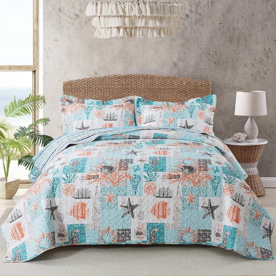 Travan Beach Quilt King Size, Ultra Soft & Fade Resistant Coastal Quilt with 1 Quilt Set and 2 Shams, Seaside Collection Bedspread for All Season, Ancient Mark-01, King