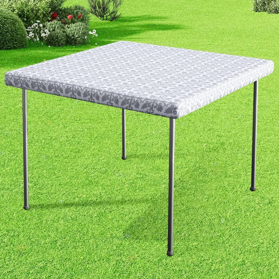 misaya Sqaure Vinyl Table Cloth, Elastic Fitted Flannel Backed Tablecloth, 100% Waterproof Plastic Table Cover Fits Folding Tables for Picnic, Camping, Outdoor (Silver Grey, 34" x 34")