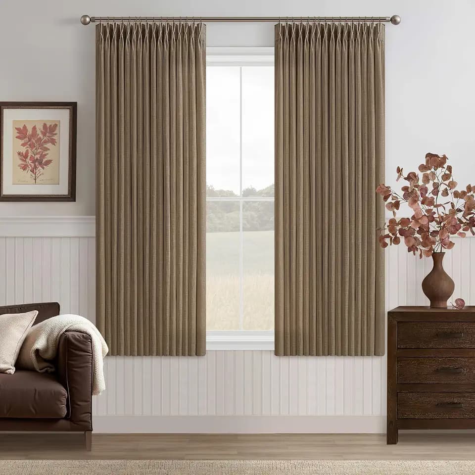 Pinch Pleated Linen Dutch Cocoa Semi Sheer Curtains 63 Inch Long 2 Panels