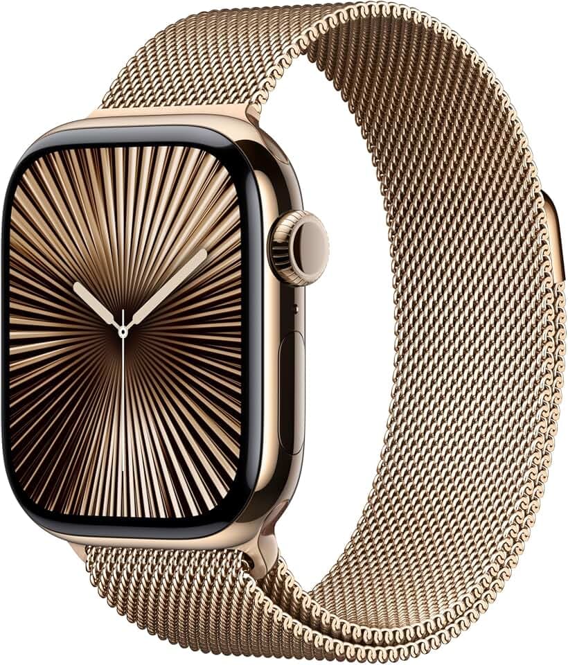 Apple Watch Series 10 (GPS + Cellular 42 mm) Smartwatch mit Titangehäuse in Gold und Milanaise Armband in Gold (One Size). Fitnesstracker, EKG App, Always-On Retina Display, CO₂ neutral