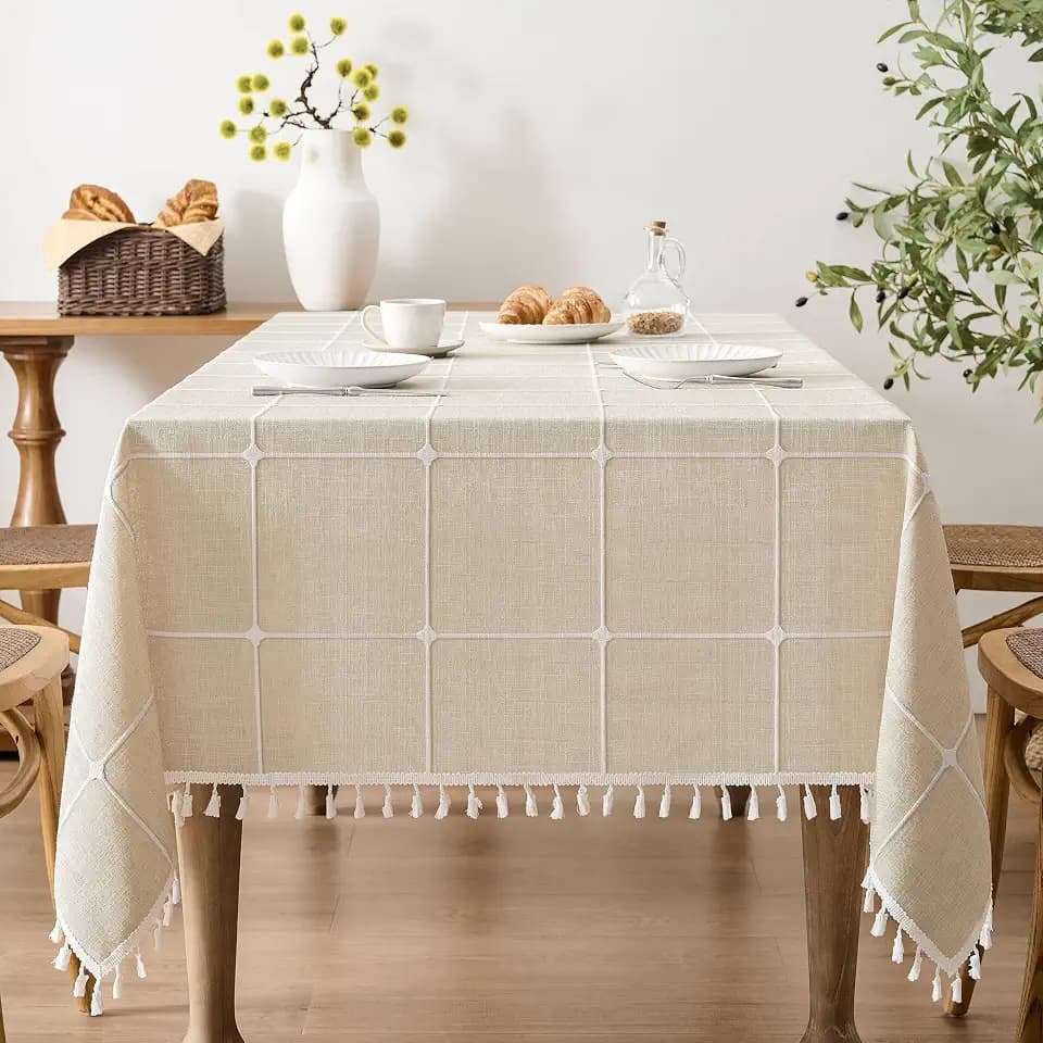 ZeeMart Boho Square Grid Tablecloth with Tassels, Light Tan 60x60in
