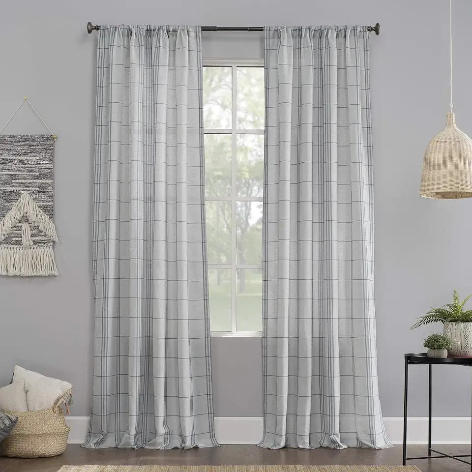 No. 918 Castille Farmhouse Plaid Linen Semi-Sheer Rod Pocket Curtain Panel, 54" x 84", Blue/Linen