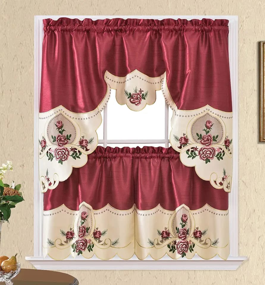 GOHD Rose Melody 3pcs Kitchen Cafe Curtain Set.Swag and 24" Tiers,Burgundy