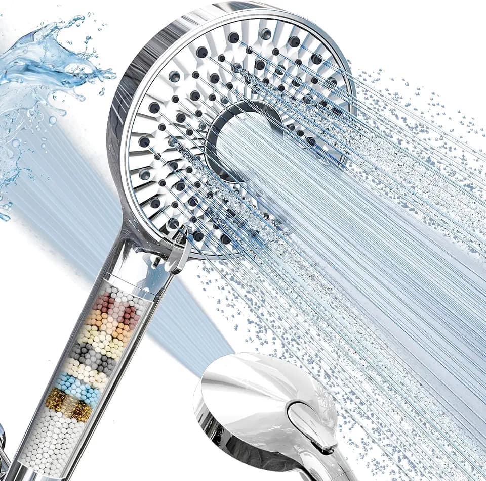 Magichome Filtered Shower Head with Handheld, 10-Mode Adjustable Detachable Chrome Showerhead w/Stainless Hose, Water Softener Filter Beads for Hard Water - Remove Chlorine, Reduce Dry Itchy Skin