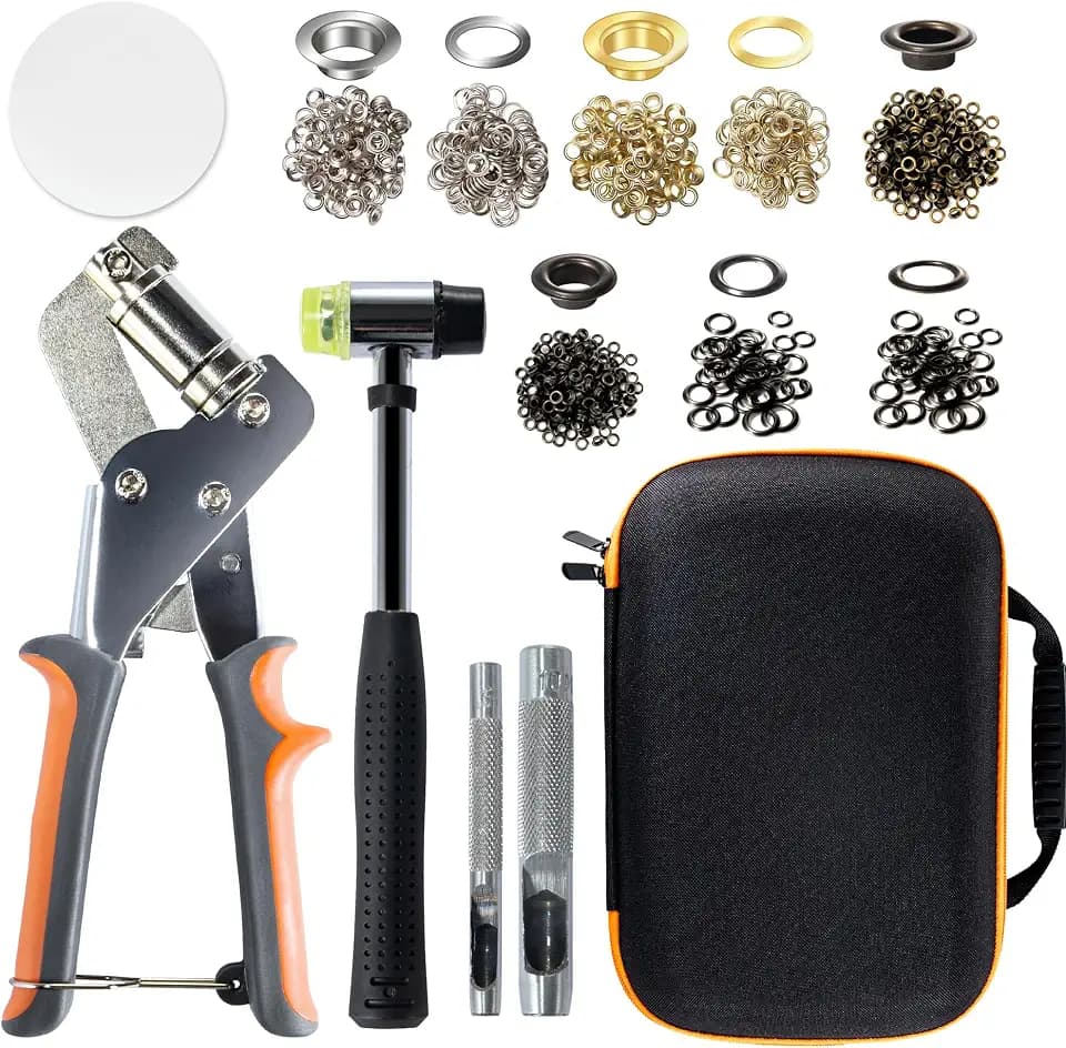 Stainless Steel Grommet Kit (3/8 and 1/4) Includes a Hammer and Bag and 200 10mm and 300 6mm Grommets. Eyelet and Grommet Tool Kit for DIY Tarp Leather Ring Repair and Installation.