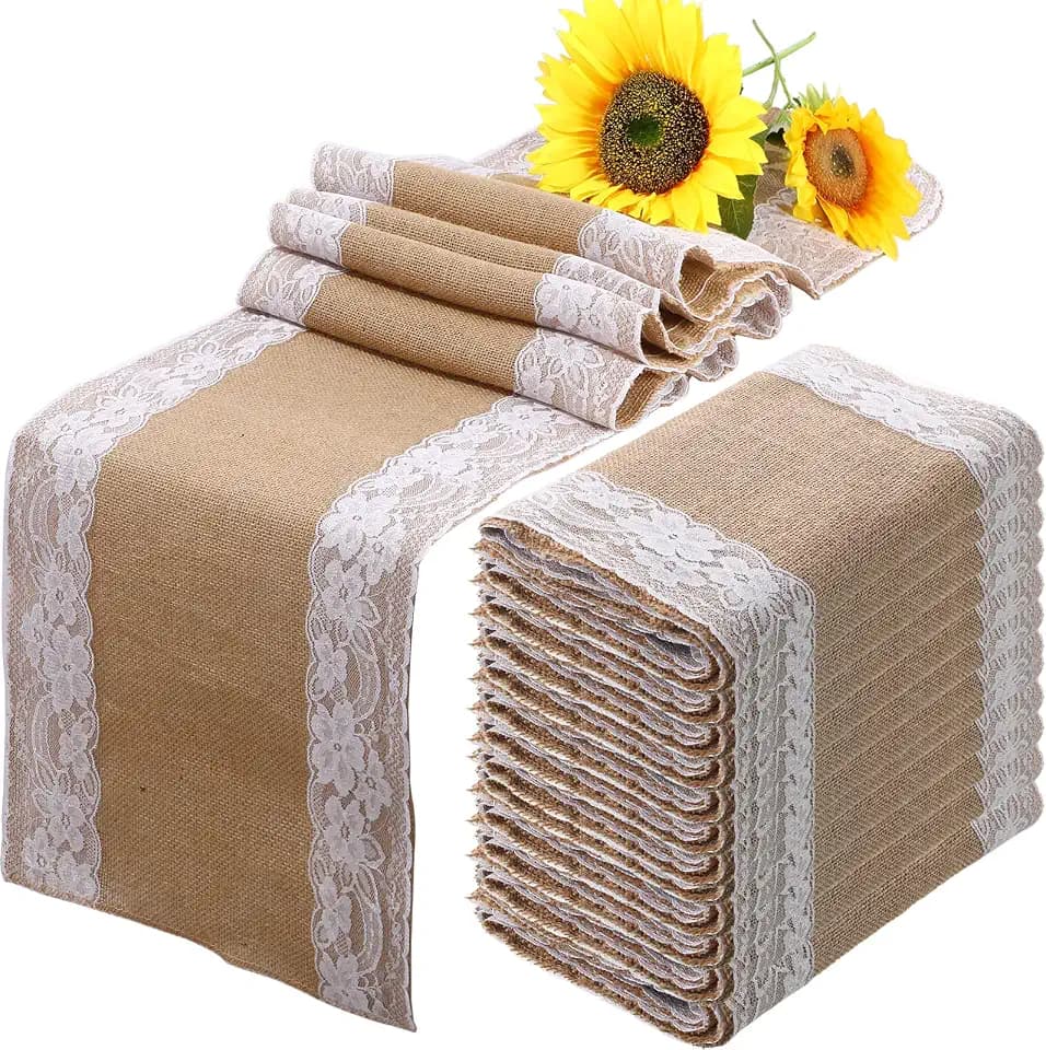 Hortsun 12 Pcs Burlap Table Runners White Lace 12 x 108 Inches,Elegant