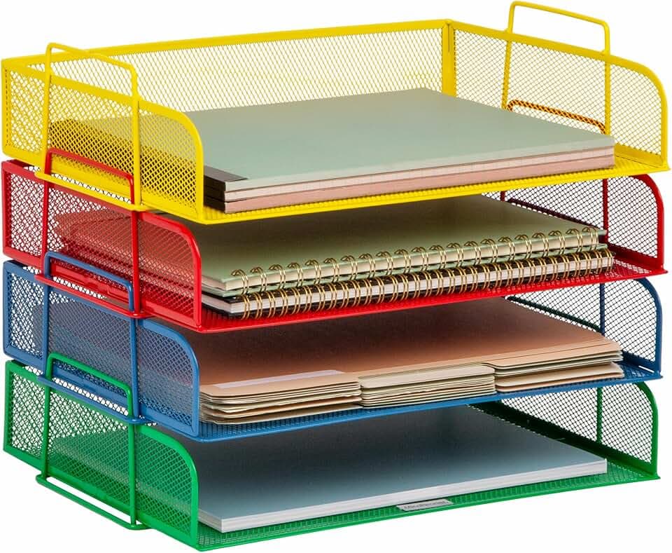 Mind Reader Stackable Paper Tray, Classroom Organizer, File Storage, Teachers, Metal Mesh, 4 Pcs., Multi-Colored