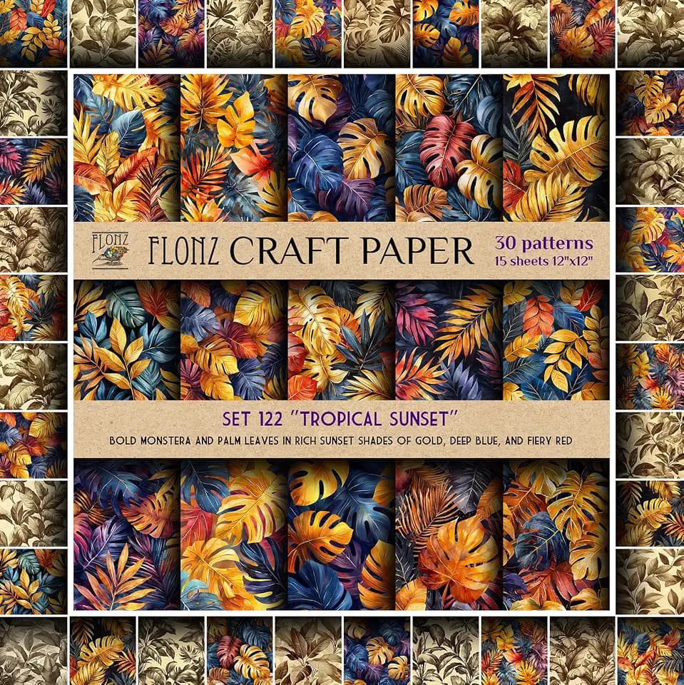 FLONZ Scrapbook Paper (30 patterns 12"x12") Tropical Sunset ~ Bold Monstera and Palm Leaves in Rich Sunset Shades of Gold, Deep Blue, and Fiery Red