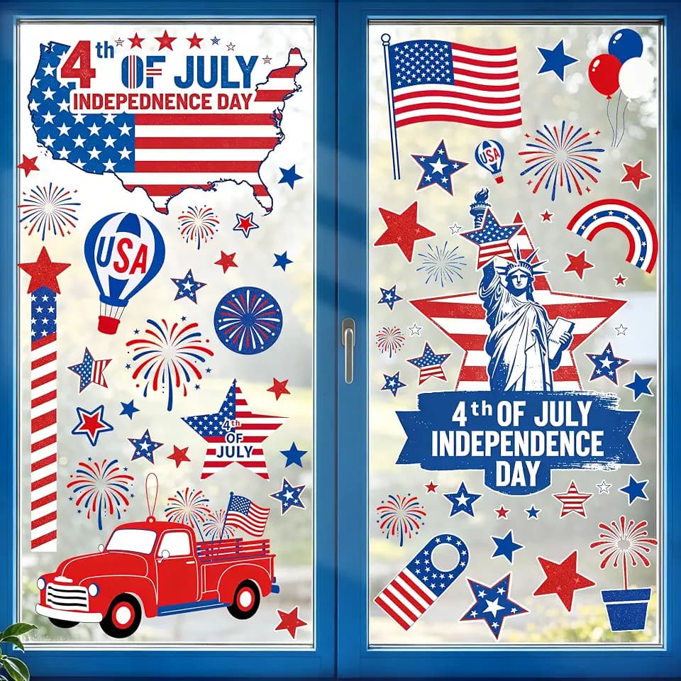 9 Sheets 4th of July Window Clings, 4th of July Decorations, Fourth of July Window Clings, Memorial Day Decorations Stickers Red White Blue Decor for Home School Office Holiday Patriotic Independence