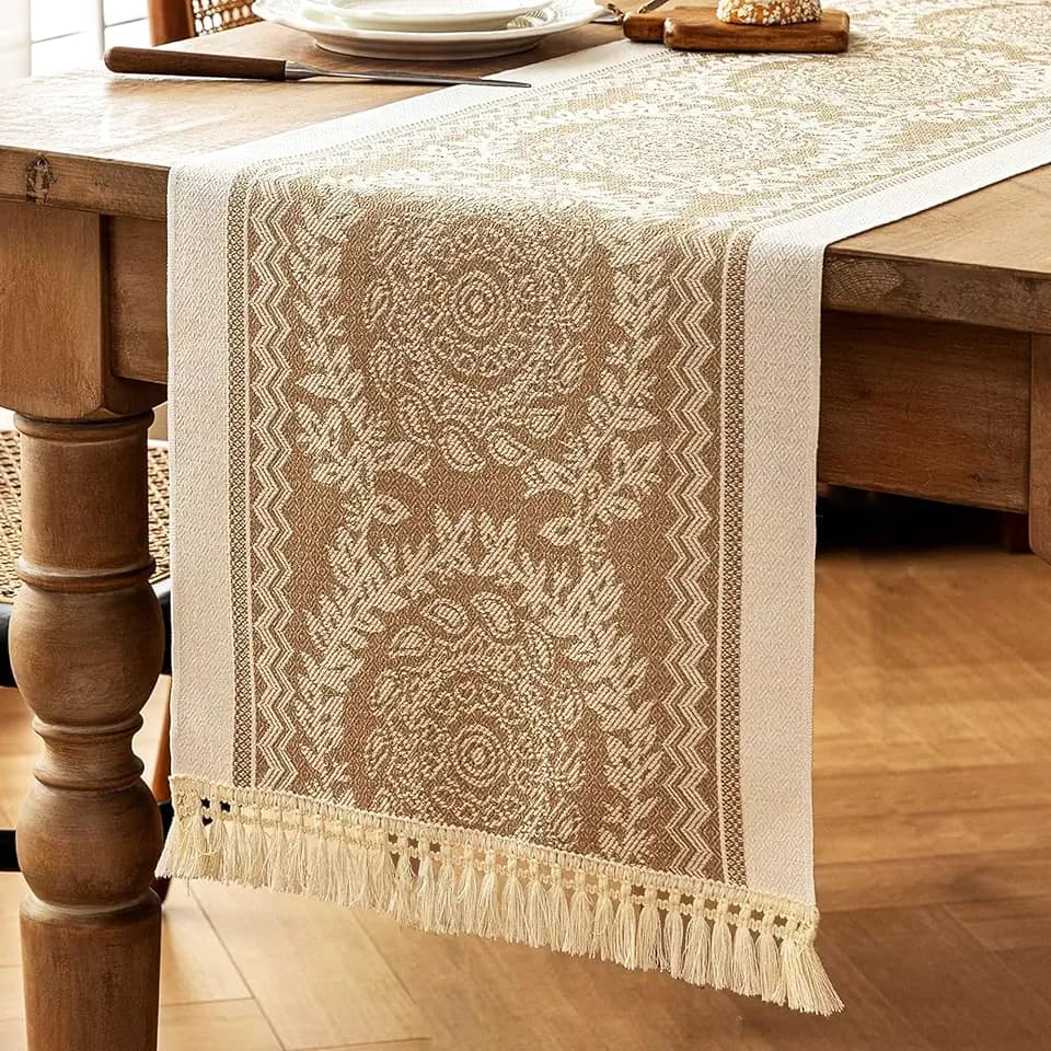 Coffee Mandala Linen Table Runner with Tassels, 14x72 Inch
