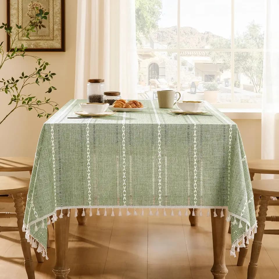 ZeeMart Hemstitched Striped Boho Table Cloth, 60x104 Inch Green