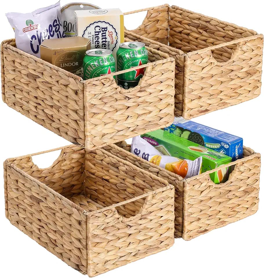 Water Hyacinth Pantry Baskets Set of 4, 12.5 x 9.5 x 6in Wicker Storage Baskets for Shelves, Pantry Baskets, Bathroom Shelves Storage Basket