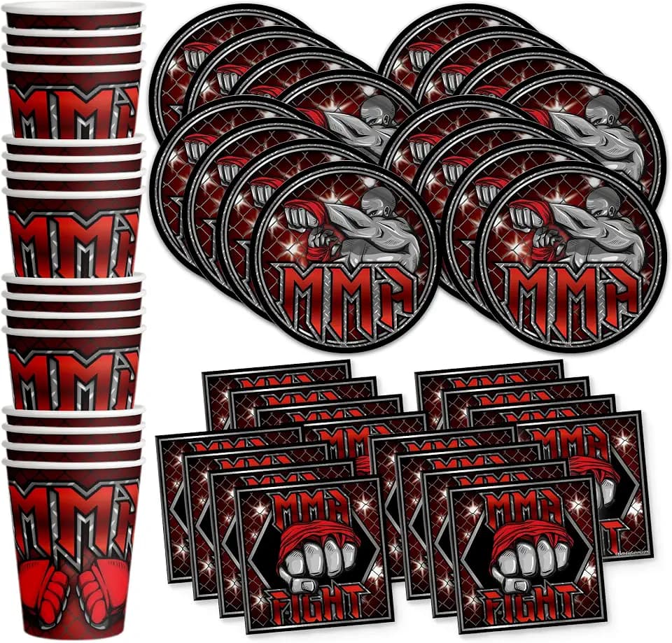 Birthday Galore Martial Arts MMA Birthday Party Supplies - Ultimate Boxer Champion Fighter Party Tableware Set - Red - Includes Plates Napkins Cups - Kit for 16