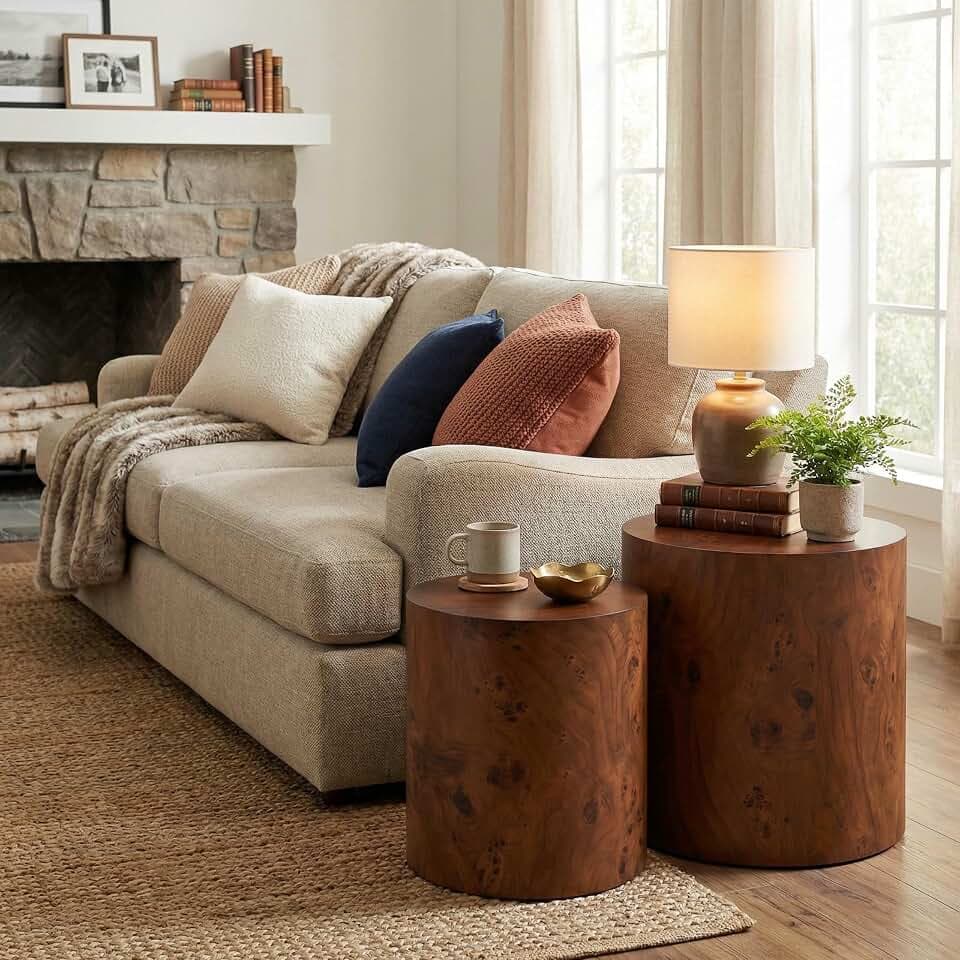 Christopher Knight Home Tafta Modern Nesting Coffee Table Set of 2, MDF Wood Round Side Table, Cylindrical Accent Table, Burl Veneer Finish, No Assembly Required, Walnut