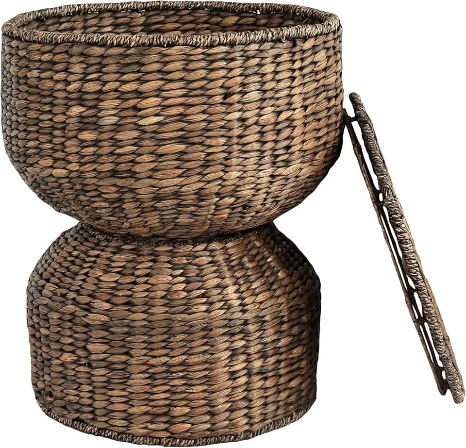happimess SAT1000B Bhola 18" Hourglass Handwoven Hyacinth Storage Accent Table with Lid for Storage and Decoration in Bedroom, Living Room, Kitchen, Dining Room, Entryway, Guestroom, Brown Wash