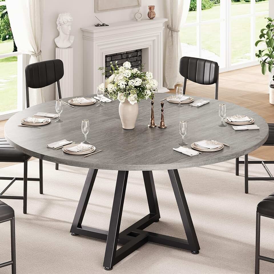 Jocoevol 51“ Round Kitchen Dining Room Table for 6-8, Circle Dining Dinner Table with Pedestal Metal Frame, Space Saving Wood Industrial Furniture for Small Space (Grey, 51In)