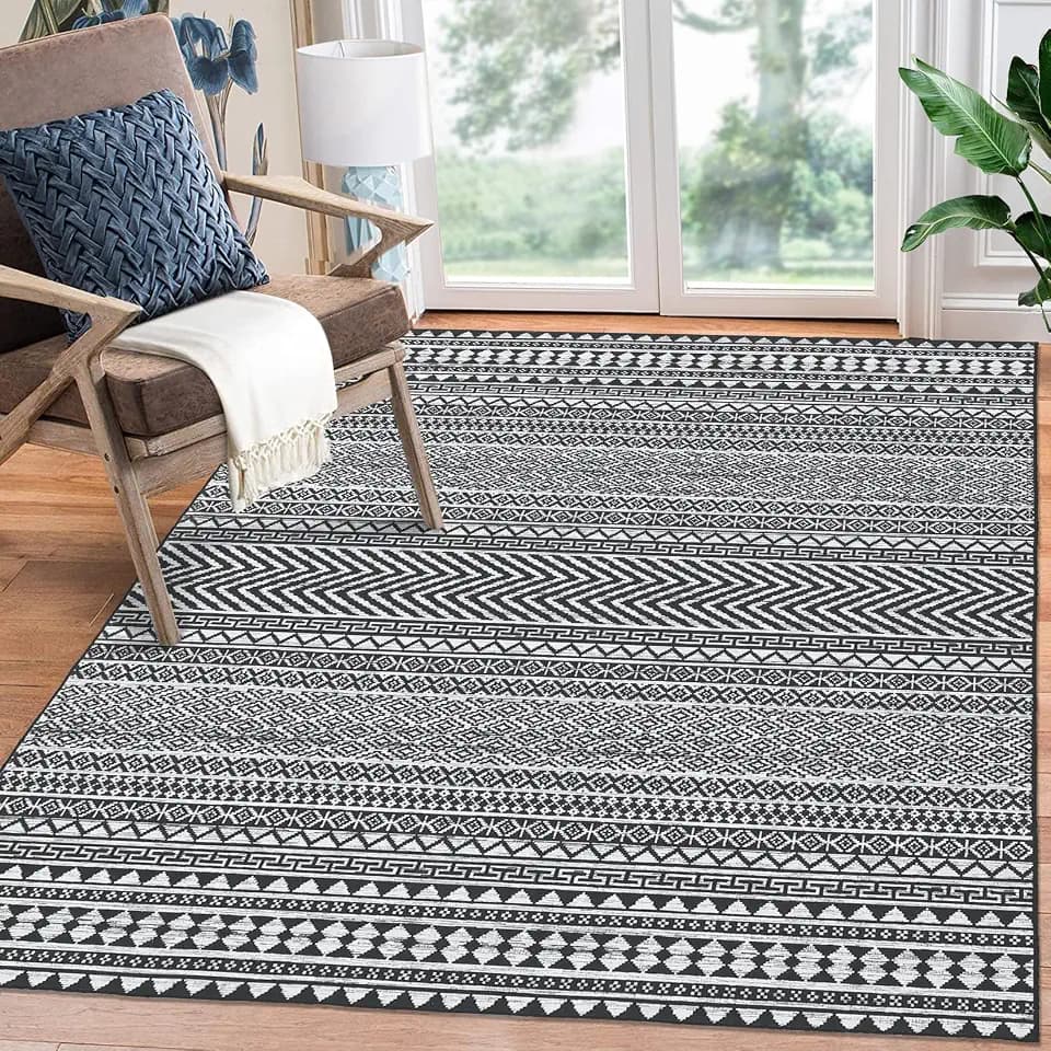 COZYLOOM Living Room Area Rug 8x10 Washable Rug Boho Rug Indoor Non-Slip Stain Resistant Geometric Rug Large Throw Floor Carpet Moroccan Bedroom Rug Accent Rug for Dining Room Home Office, Black