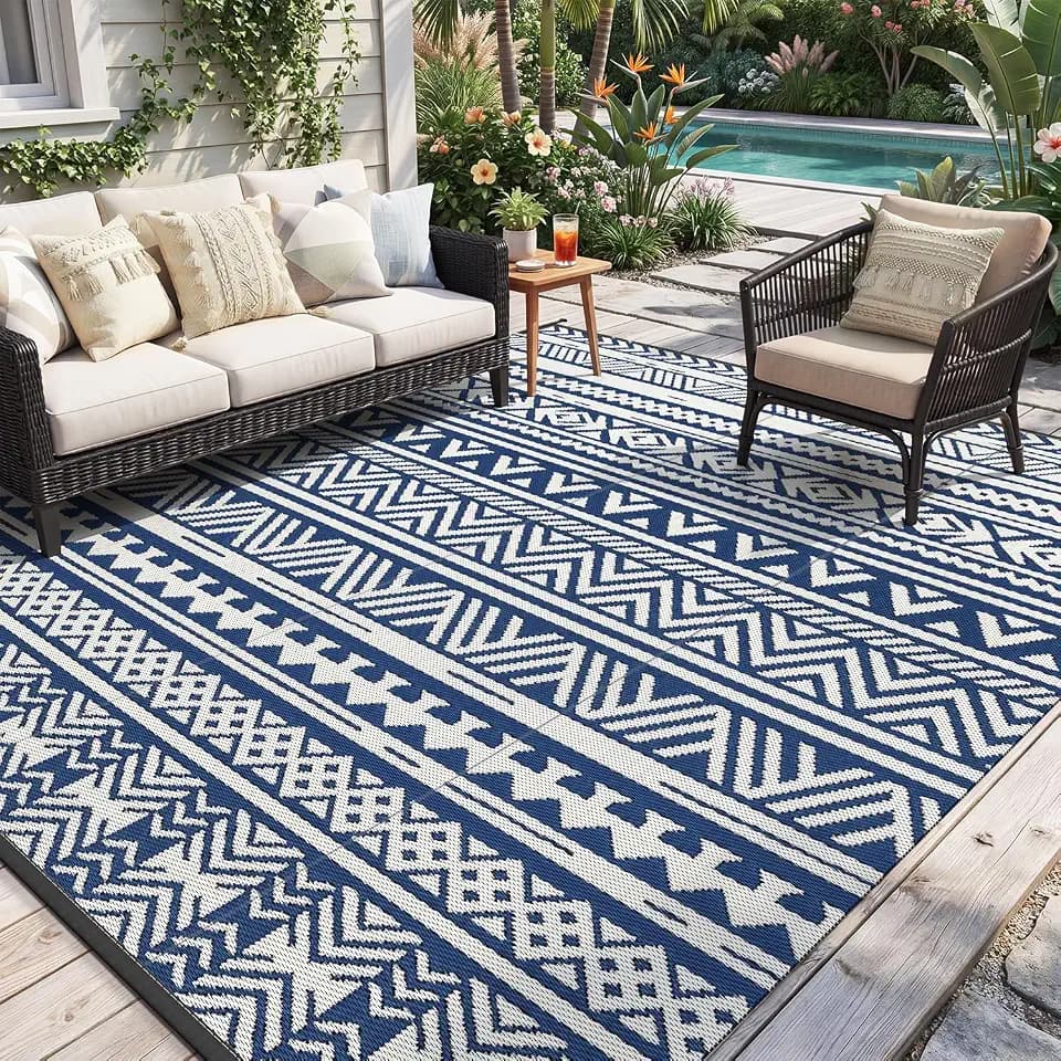 MontVoo-Outdoor Rug Carpet Waterproof 5x8 ft Reversible Patio Rug RV Camping Rug-Plastic Straw Rug Outside Indoor Outdoor Area Rug for Patio Deck Balcony Picnic Beach Outdoor Decor Boho Navy Blue