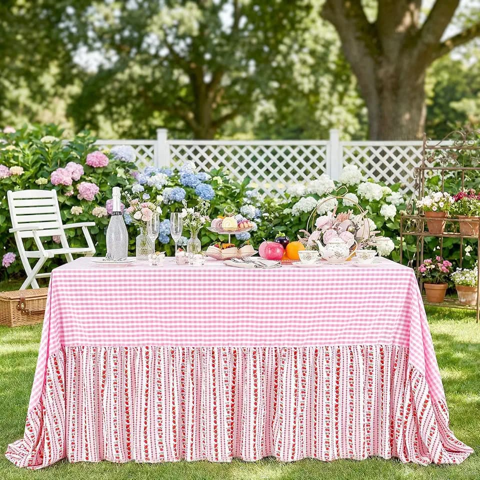 Red Berry Plaid Ruffle Rectangle Tablecloth 90x132 Inch Spring Home Decor