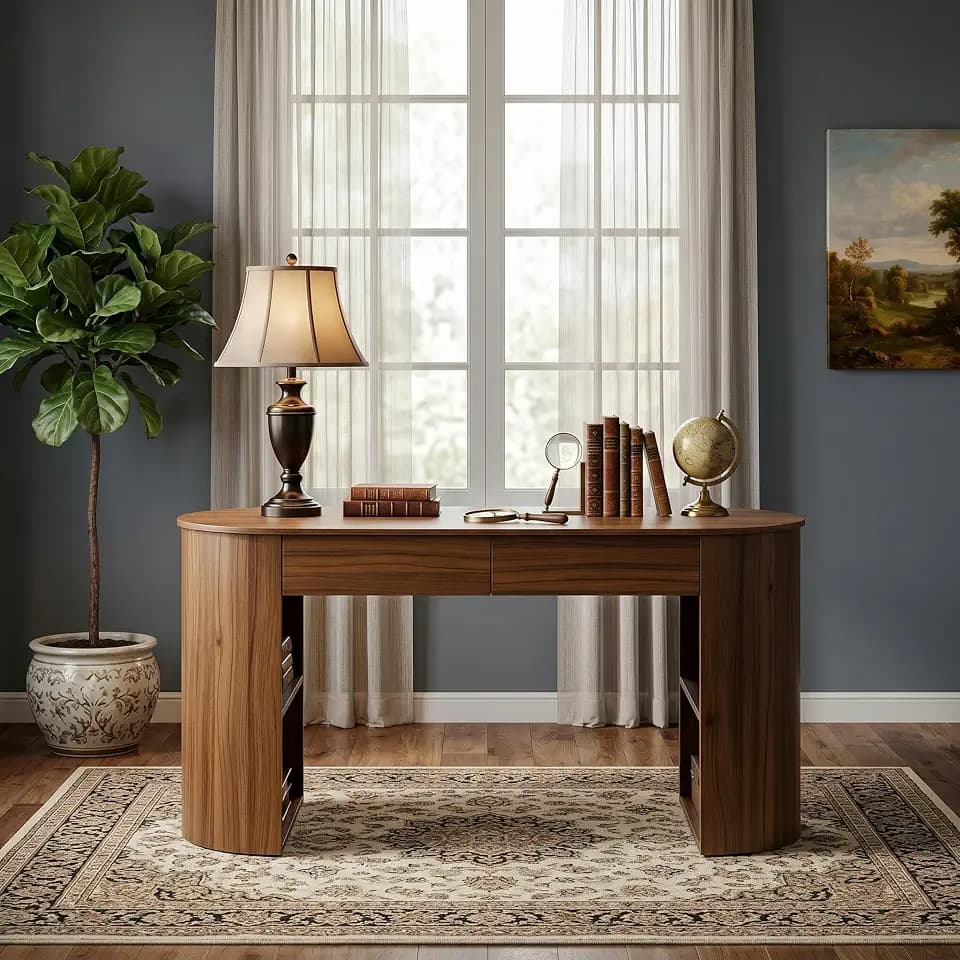 Merax Writing Desk with Storage, 2 Drawers, Open Shelves, Natural