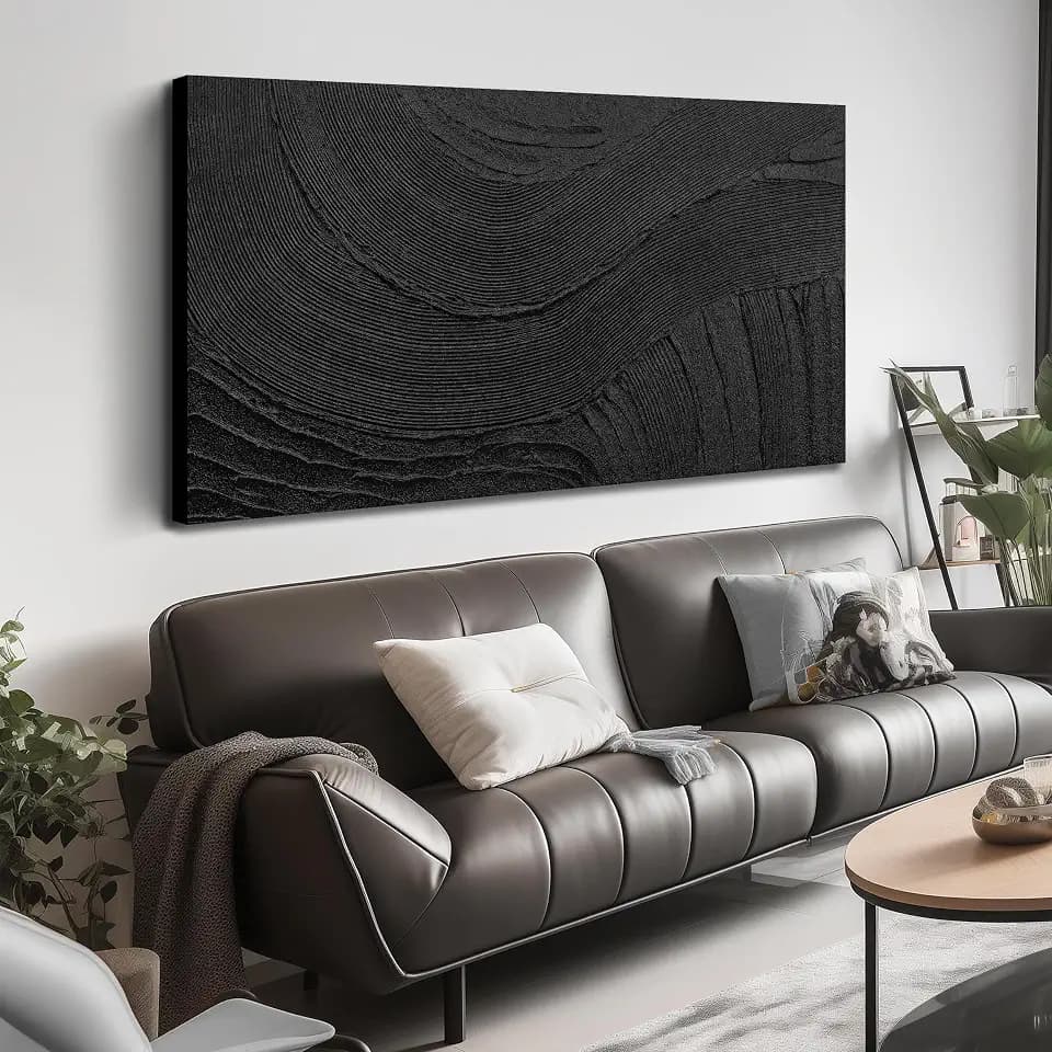 Hand-Painted Minimalist Textured Abstract Black Wall Art for Living Room