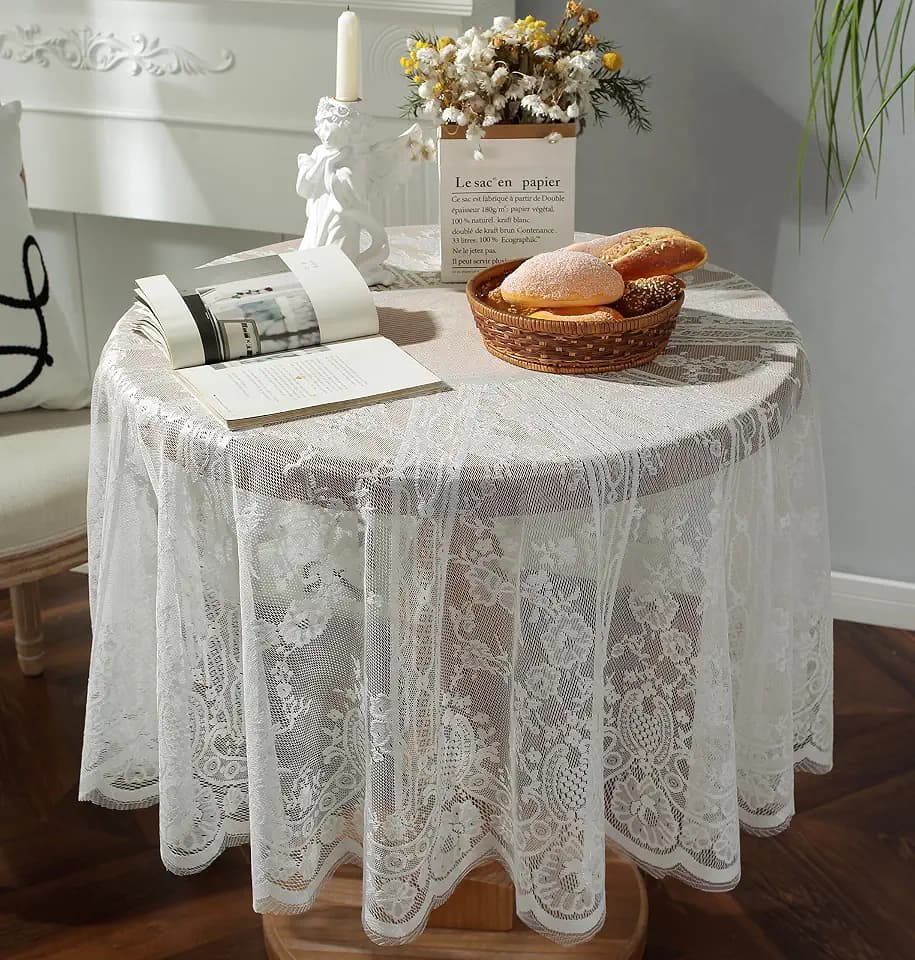 60inch White Round Floral Embroidered lace Table Cloths