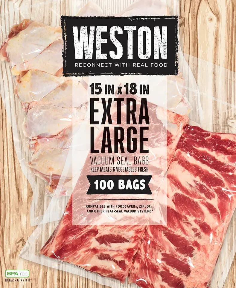 Weston Vacuum Sealer Bags, 2 Ply 3mm Thick, for NutriFresh, FoodSaver & Other Heat-Seal Systems, for Meal Prep and Sous Vide, BPA Free, 15" x 18" (Extra Large), 100 Count, Clear