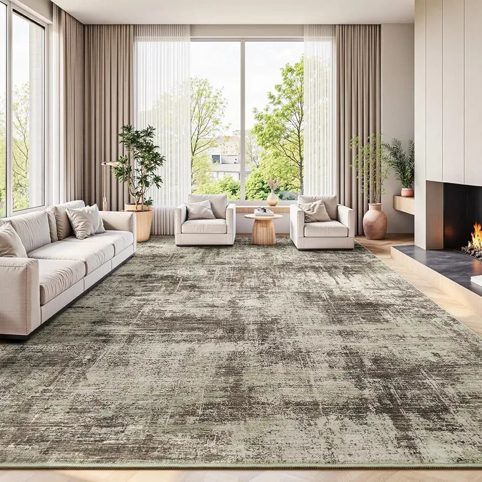 9x12 Area Rug for Living Room, Abstract Washable Non-Slip Large Rugs, Brown