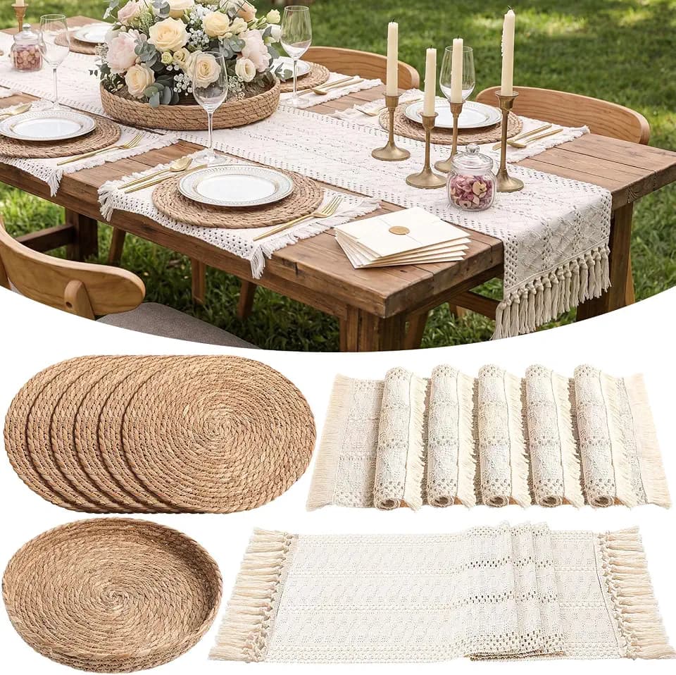 Boho Table Runner and Placemats Set, 6 Sets, Beige, 12x72