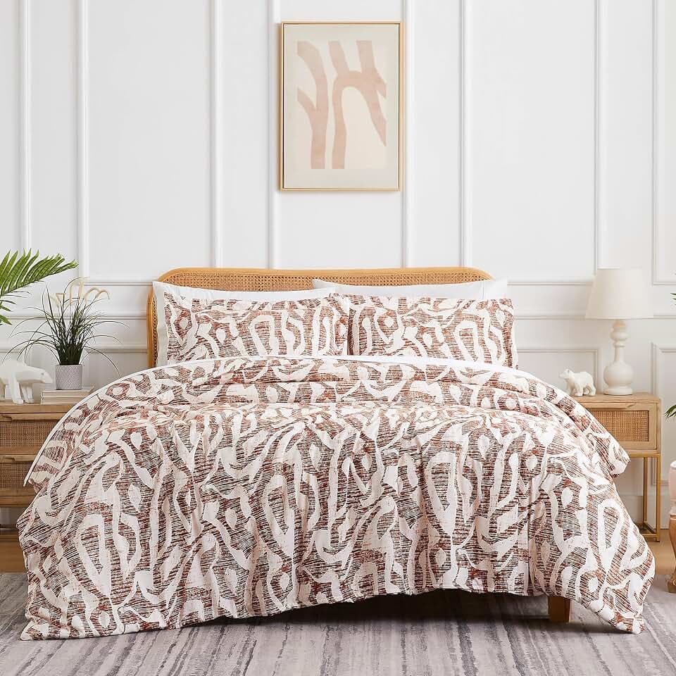 King Size Comforter Set with 2 Pillow Shams Reversible Bed Set Rust Khari