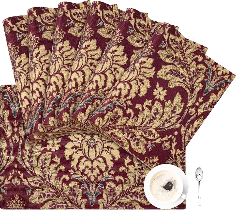 Loom and Mill Luxury Jacquard Placemats Set of 6, Burgundy Red, 12x18 in