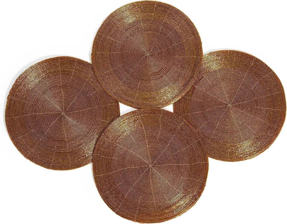 Lightnpro Handmade Beaded Placemats Set of 4 – 13 Inch Round Coffee Charger Mats | Handcrafted Artisan Table Accessories, Stylish Rustic Glam Dining Table Décor for Special Events & Gatherings