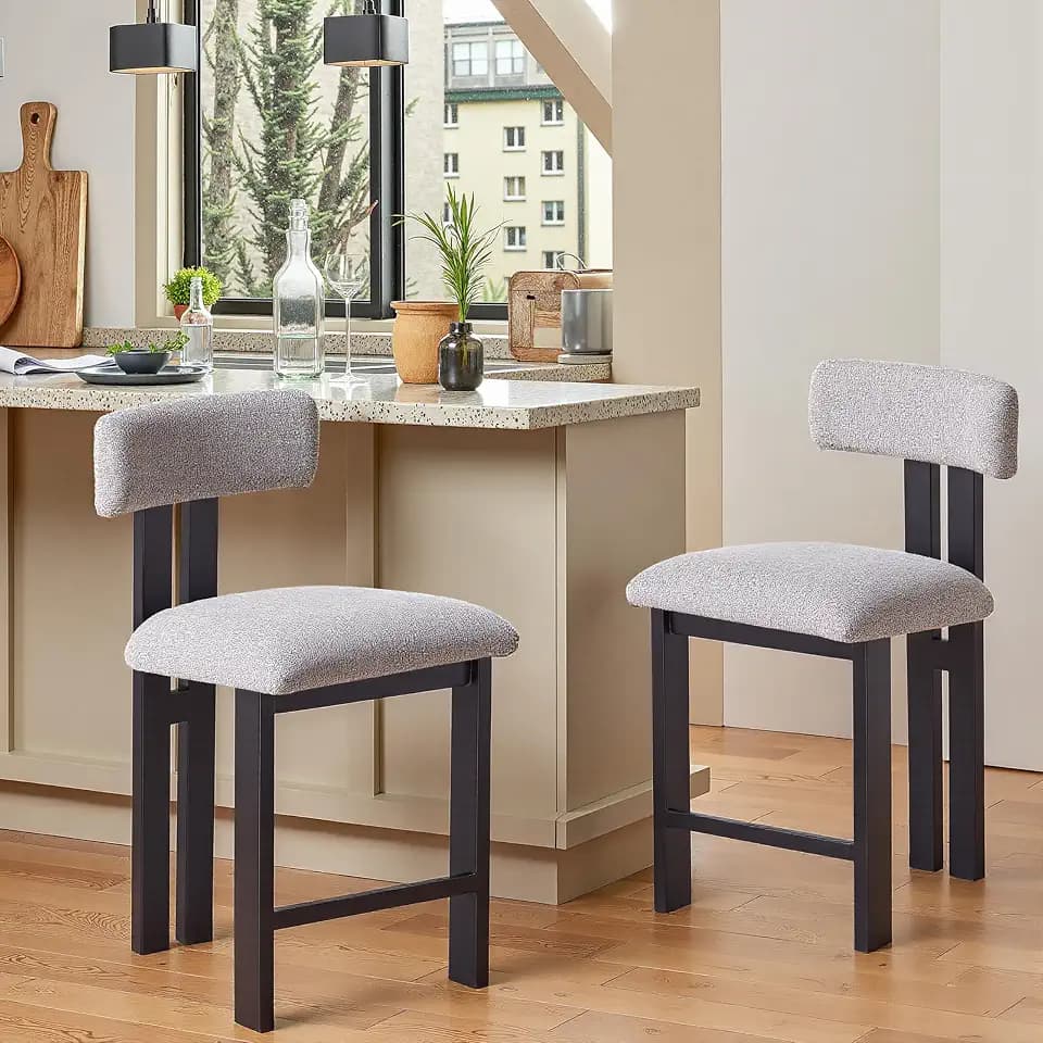 Christopher Knight Home Marin Counter Stool Set of 2,26'' Seat Height Armless Bar Chair with H-Shaped Leg, Comfortable Upholstered Seat & Black Metal Frame for Kitchen & Dining, Black+ Gray