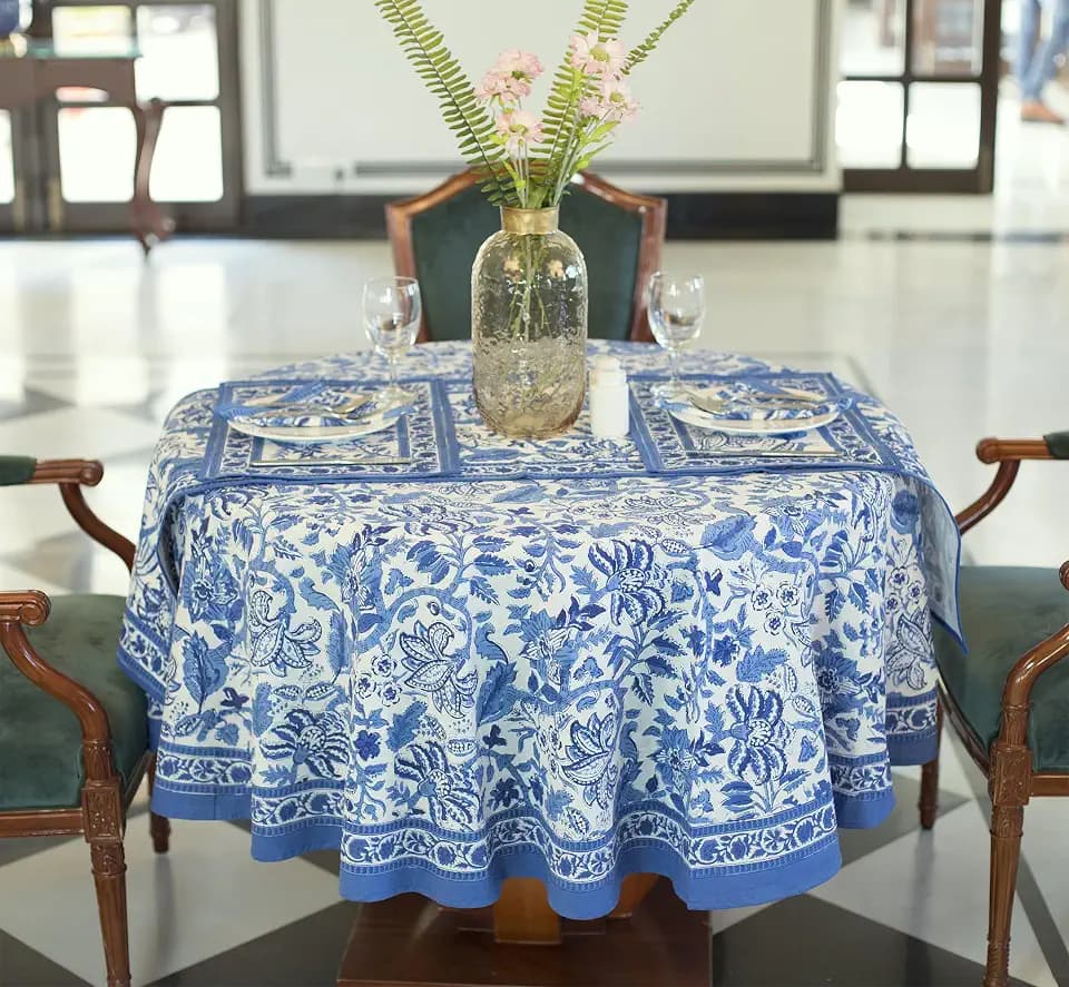 Labhanshi Block Print Cotton Round Tablecloth, Blue, 60 in, 4-Seater