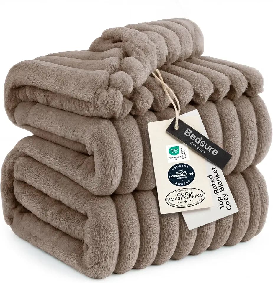 Bedsure Full Size Fleece Blankets for Bed Light Brown 84"x90"