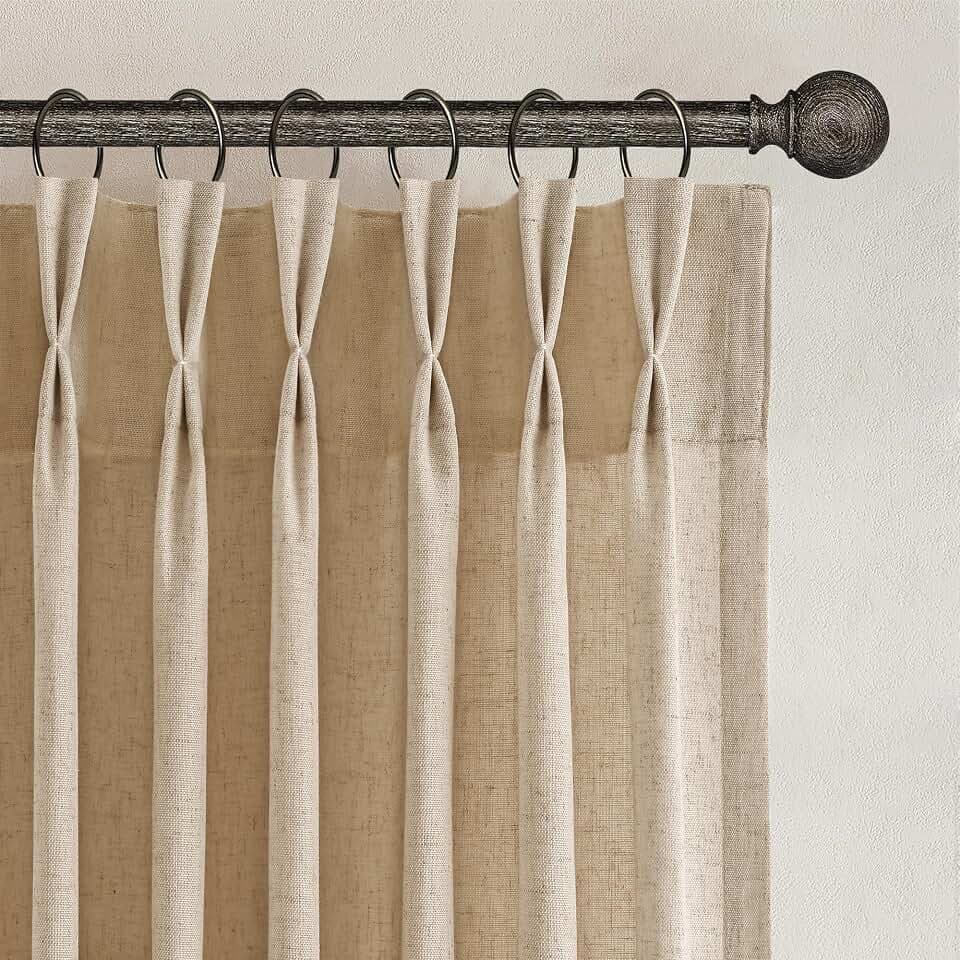 Joywell Pinch Pleat Linen Curtains 120 inches 2 Panels Extra Long Semi Sheer Light Filtering Elegant Natural Linen Pleated Drapes with Hooks for Bedroom Living Dining Room Decor 40x120 Tan