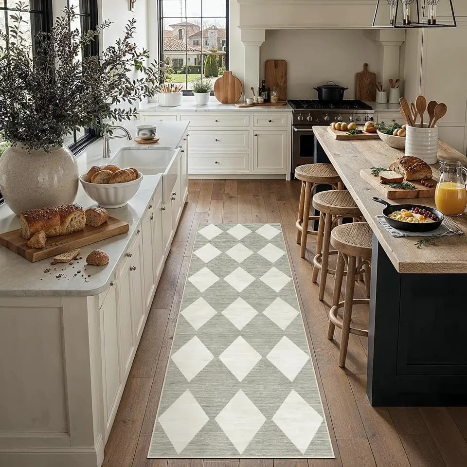 PureCozy Grey 2x6 Washable Runner Rug Kitchen Non Slip Checkered Carpet