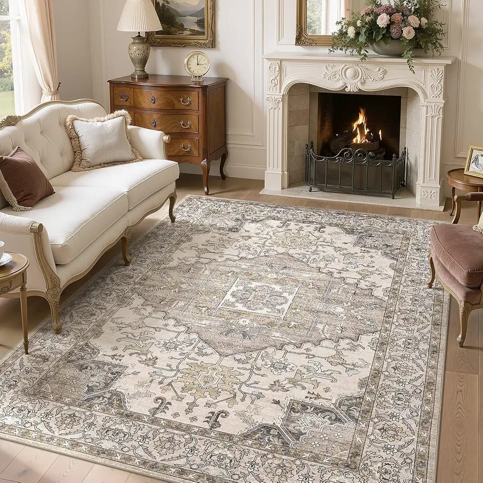 Washable 6x9 Area Rugs for Living Room: Soft Brown Neutral Rug