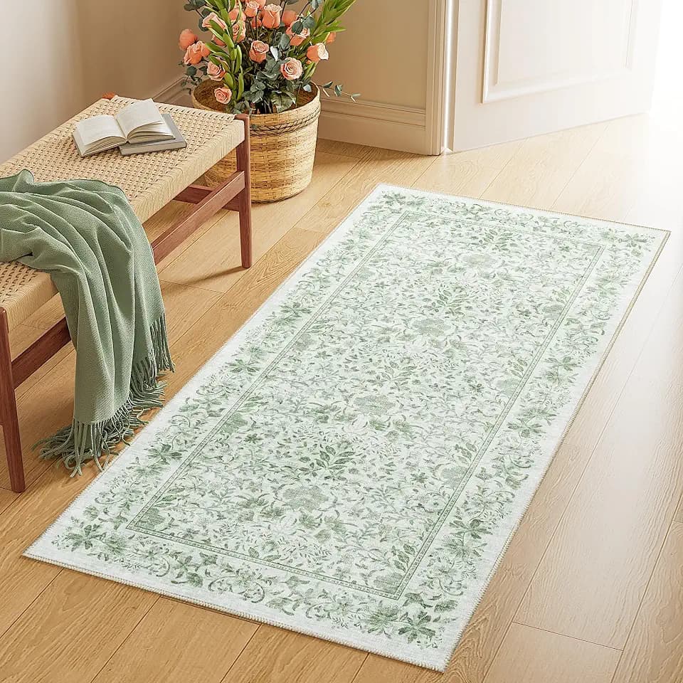 DUKINO 2x4 Rug, Washable Vintage Floral Bathroom Runner Rug, Sage Green