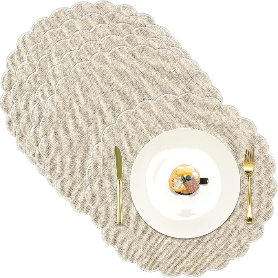 6 Pack Round Cotton Scalloped Placemats, Beige/White, Classic