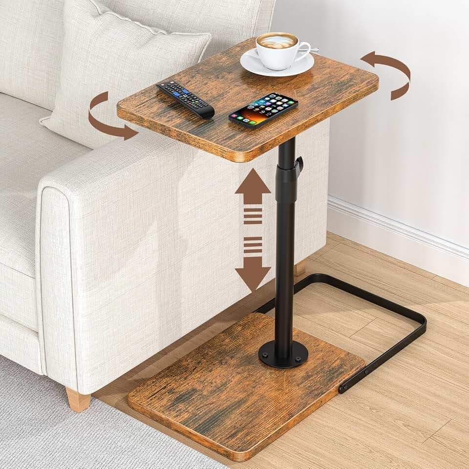 C Table End Table Adjustable Height, 360°Swivel TV Tray Table, Upgraded Metal and Wooden Base to Prevent Slipping, Couch Armrest Table Snack Tables for Laptop Sofa Bed Dinner or Small Space(Brown)