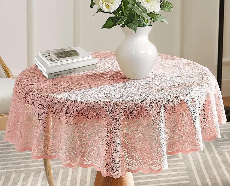 Warm Home Designs Blush Pink Lace Tablecloth. Small Round Tablecloth 48 Inch in Diameter. Floral Table Cloth, Rustic Overlay or Boho Table Cover for Farmhouse Kitchen. AME Blush 48 Round