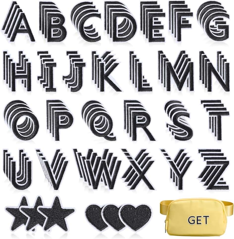 NICEVINYL Iron on Letter Patches for Clothing: 110pcs Black Alphabet A-Z Letters Embroidered Patches - Cute Heart Star Applique Patch Sew on for Bags, Backpacks, Jackets, Shirts, DIY Accessories